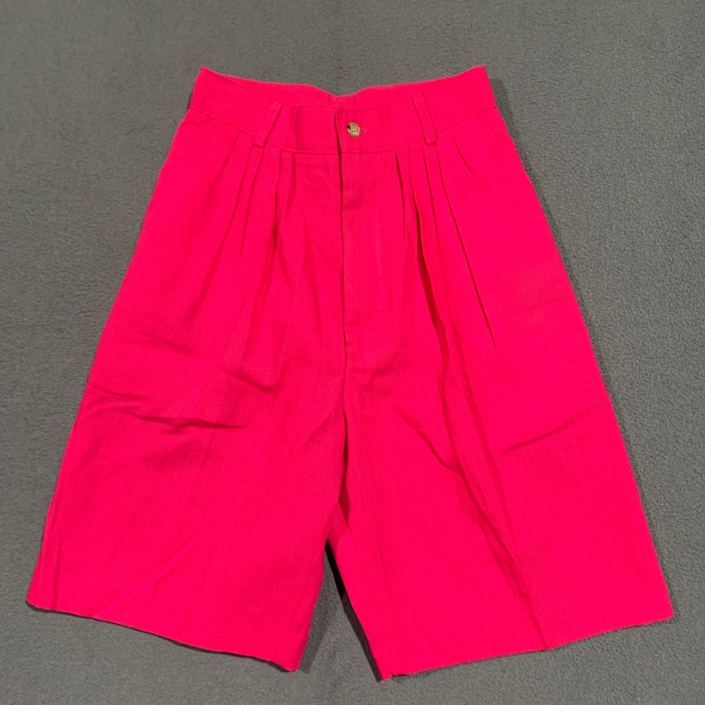 Vintage Womens Long Shorts Size 6 Hot Pink Pleated High Waist Linen Blend USA